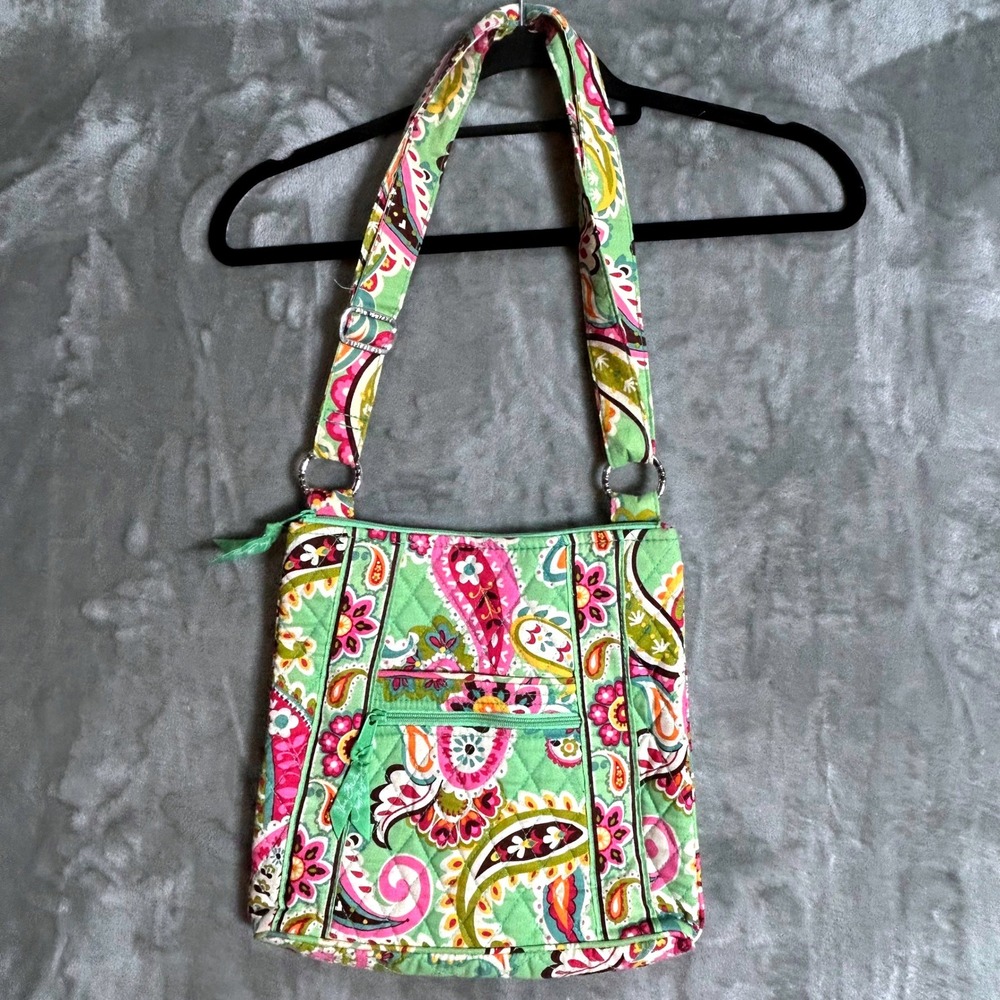Vera Bradley Ribbons Paisley Quilted Cotton Crossbody Bag Green Pink Multi